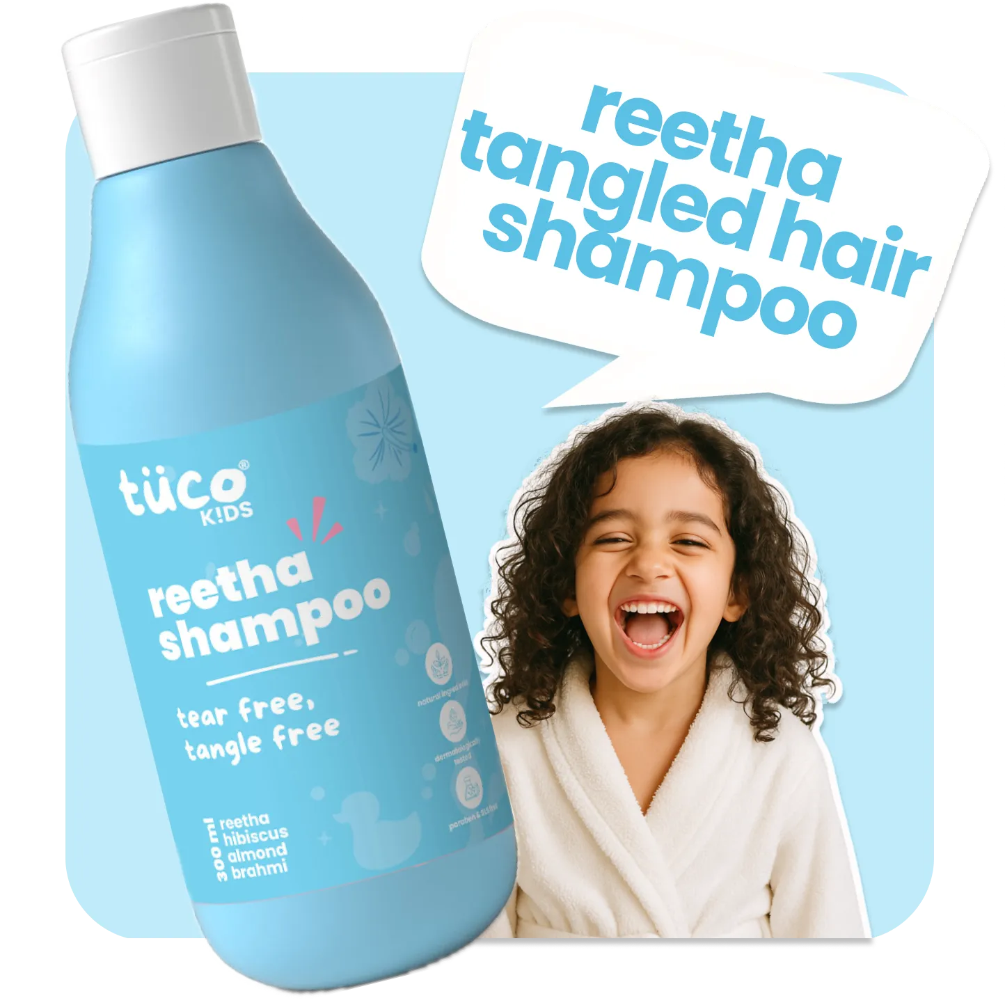 Tuco Kids Reetha shampoo bottle with a child and text on a blue background