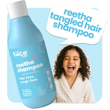 Tuco Kids Reetha shampoo bottle with a child and text on a blue background