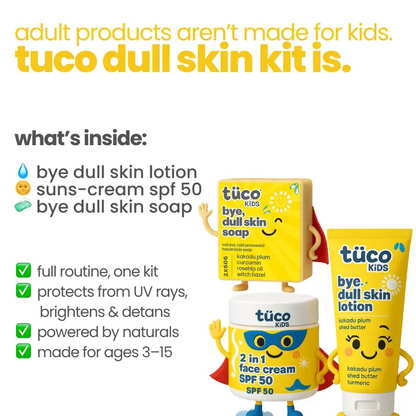 Tuco Kids skincare products with text highlighting features on a white background