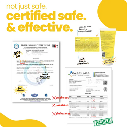 Product packaging with certification labels and safety information on a white background