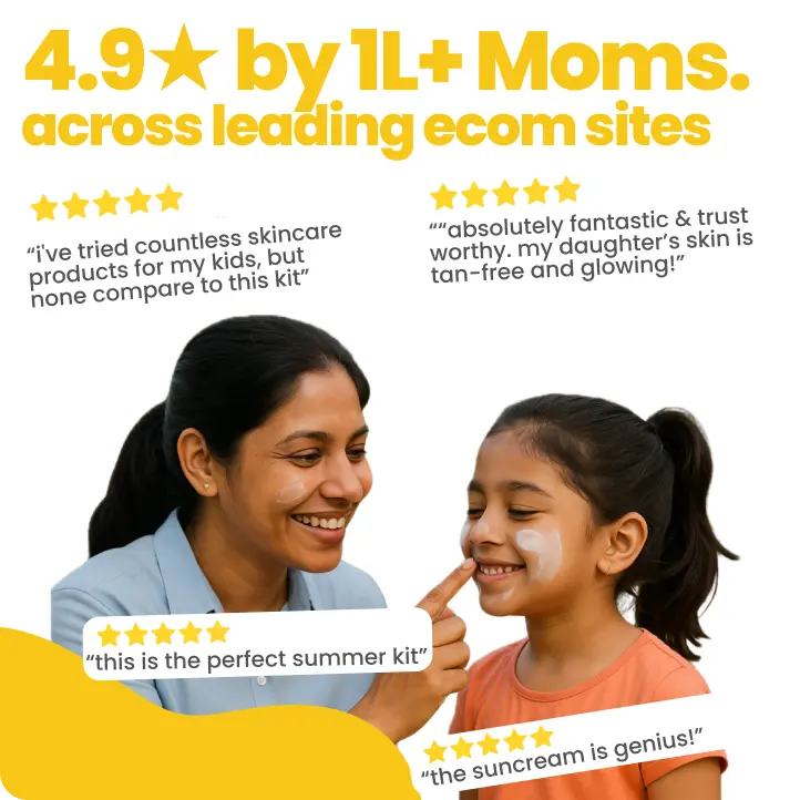 Mother and child with product, text about skincare kit ratings on a white background
