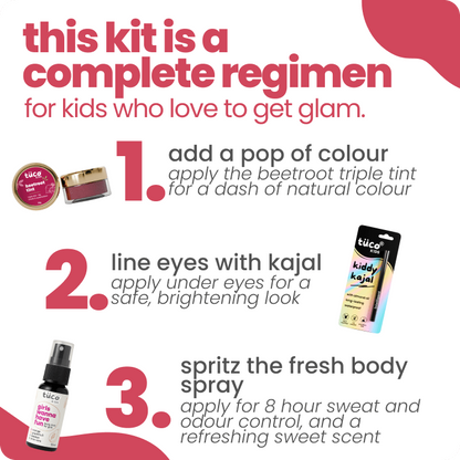Promotional graphic for a natural kids' makeup kit with products and text on a white background.