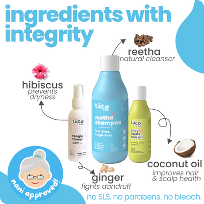Thin Hair Regimen: Reetha Shampoo + Hair Oil + Tangle Tamer Spray