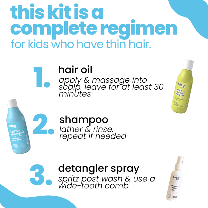 Thin Hair Regimen: Reetha Shampoo + Hair Oil + Tangle Tamer Spray