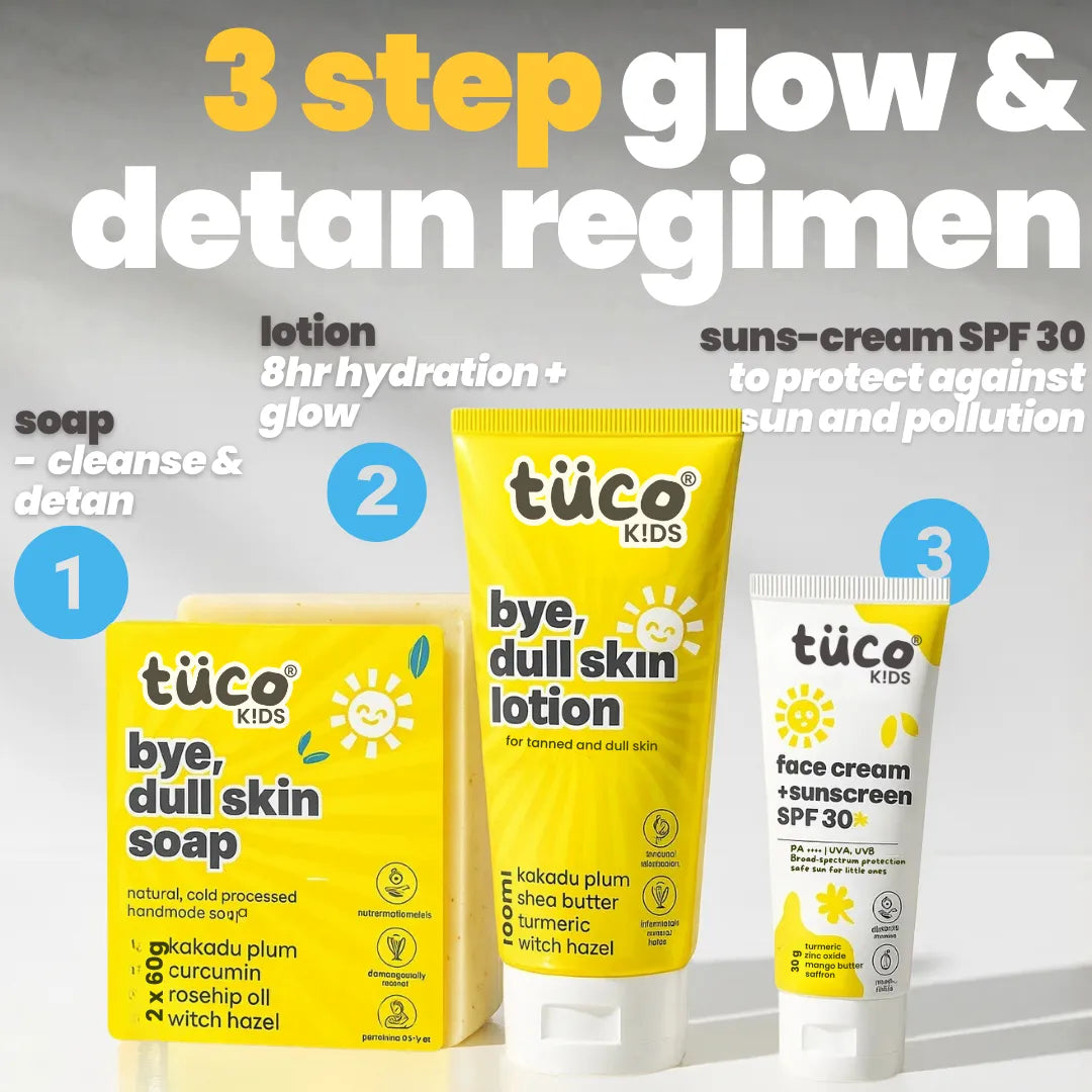 Tuco Kids 3-in-1 Dull Skin Kit 3-step glow and detan regimen - soap to cleanse and detan, bye dull skin lotion for 8hr hydration and glow, face cream sunscreen SPF 30