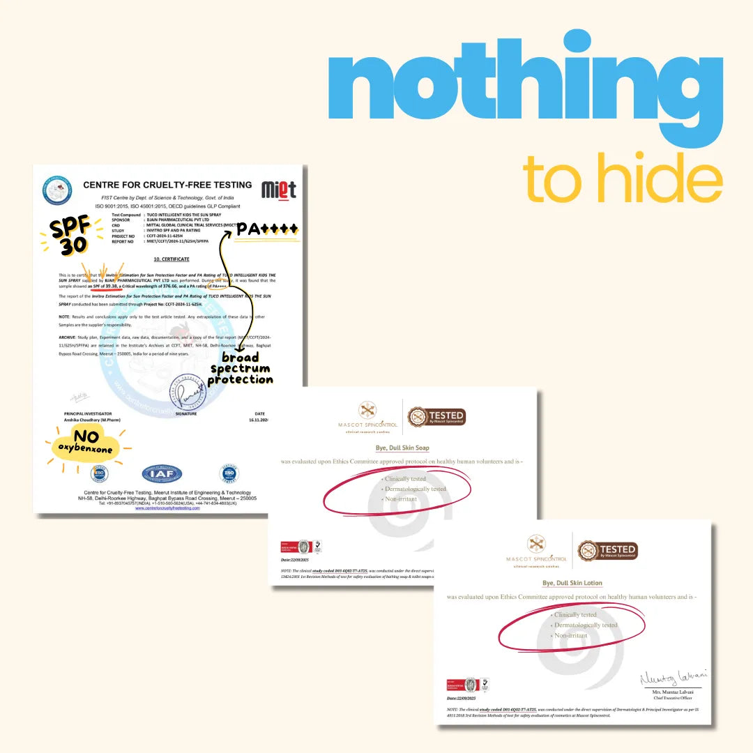 Tuco Kids 3-in-1 Dull Skin Kit nothing to hide - SPF 30 PA++++ broad spectrum certified, dermatologically tested bye dull skin soap and lotion for kids