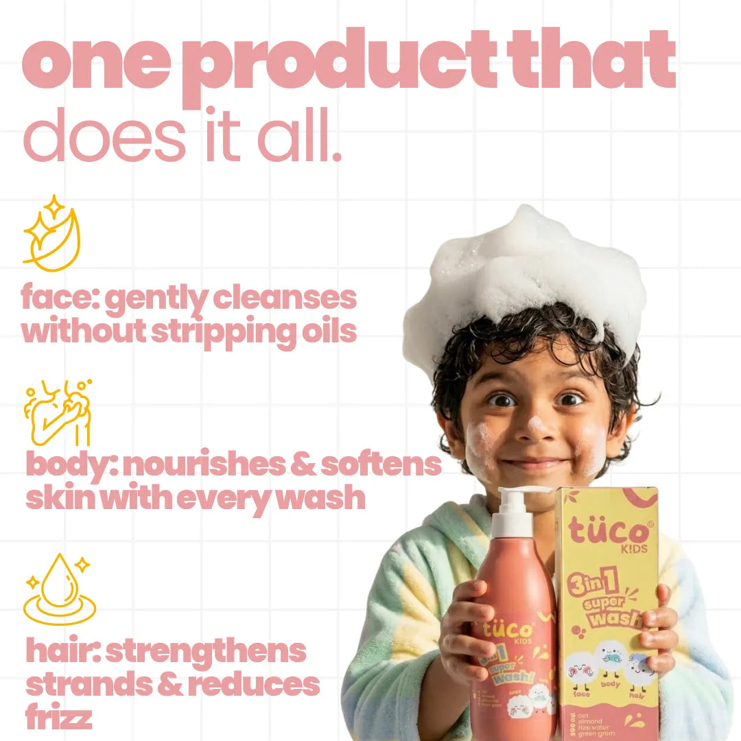 Key ingredients in Tuco Kids 3-in-1 Super Wash – oat extract, rice water, almond oil and green gram extract