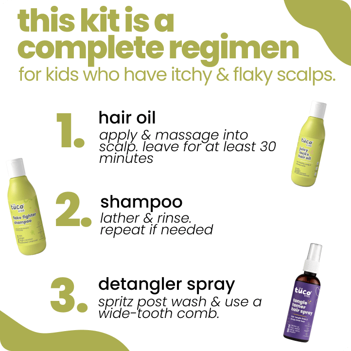 3-step anti dandruff shampoo for kids routine - kids hair oil, kids shampoo and detangler spray