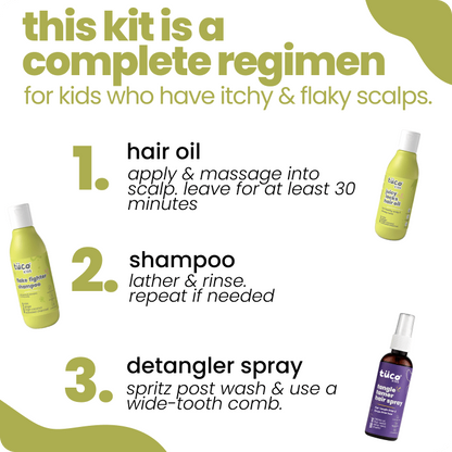 3-step anti dandruff shampoo for kids routine - kids hair oil, kids shampoo and detangler spray