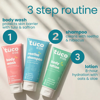 3 step bath routine in Tuco Kids Aqua Fresh Kit - kids body wash with tulsi saffron, reetha kids shampoo, oat aloe lotion