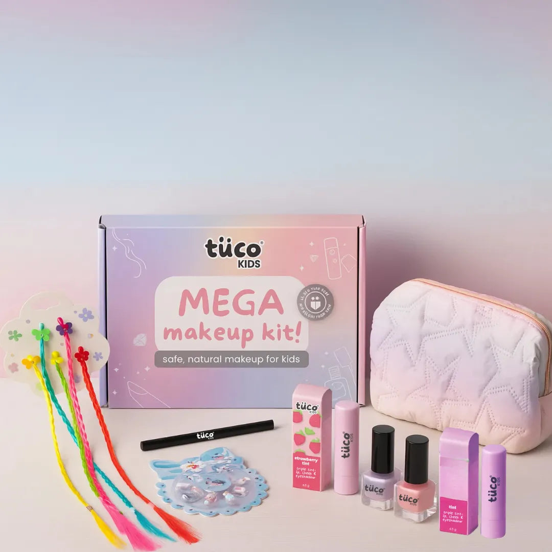 tuco Kids Mega makeup kit with accessories on a gradient background