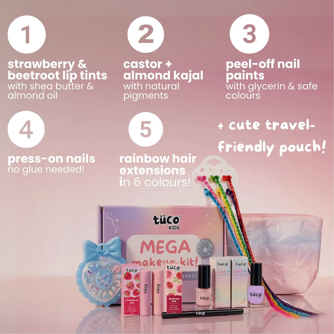 tuco Kids makeup kit with rainbow hair extensions and other items on a pink background