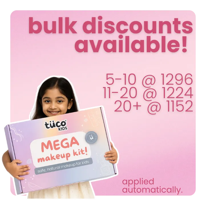 Advertisement for tuco Kids Mega makeup kit with a girl holding the product on a pink background.