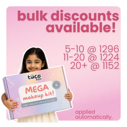 Advertisement for tuco Kids Mega makeup kit with a girl holding the product on a pink background.