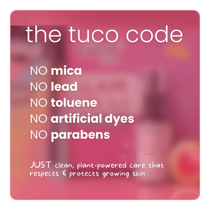 Product packaging with 'the tuco code' text highlighting ingredient-free claims on a pink background.
