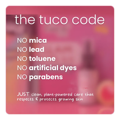 Product packaging with 'the tuco code' text highlighting ingredient-free claims on a pink background.