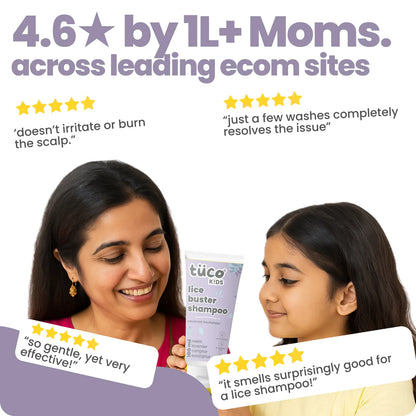 Woman and child holding a lice shampoo bottle with positive reviews displayed.