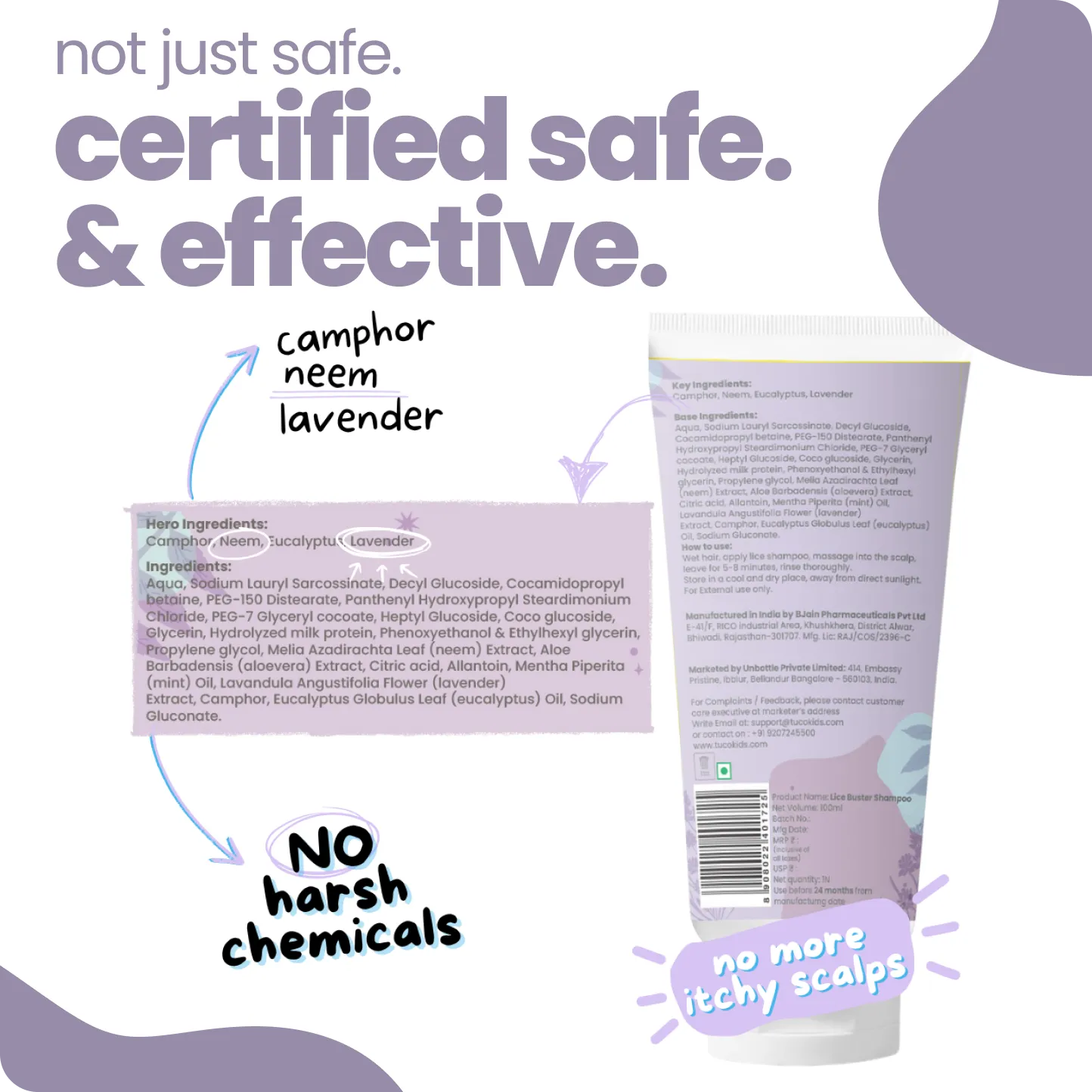 Product packaging with ingredients list and certification text on a light purple background