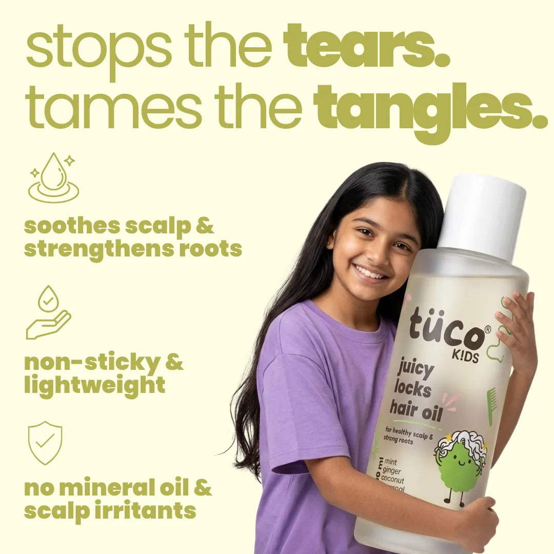 Tuco Kids Juicy Locks hair oil stops tears and tames tangles – soothes scalp, non-sticky and lightweight, no mineral oil or scalp irritants