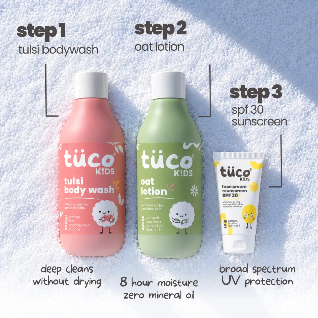 Tuco Kids Daily Winter Kit 3-step routine — body wash, oat lotion, SPF 30 sunscreen
