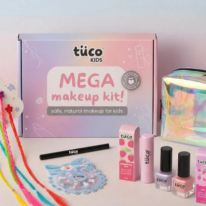 Tuco Kids Mega Makeup Kit gifting special - safe natural makeup for kids with kajal nail polish strawberry tint lip balm temporary hair extensions and holographic pouch