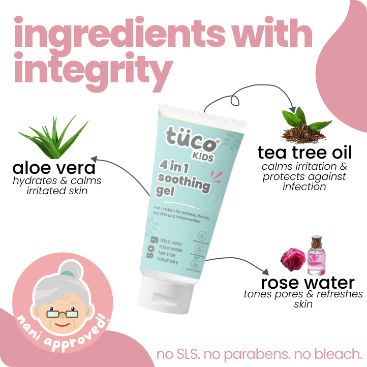 Tuco Kids 4-in-1 soothing gel ingredients – aloe vera, tea tree oil and rose water for calming kids skin
