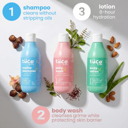 Three tuco Kids products including shampoo, body wash, and lotion on a white background with natural elements and benefits