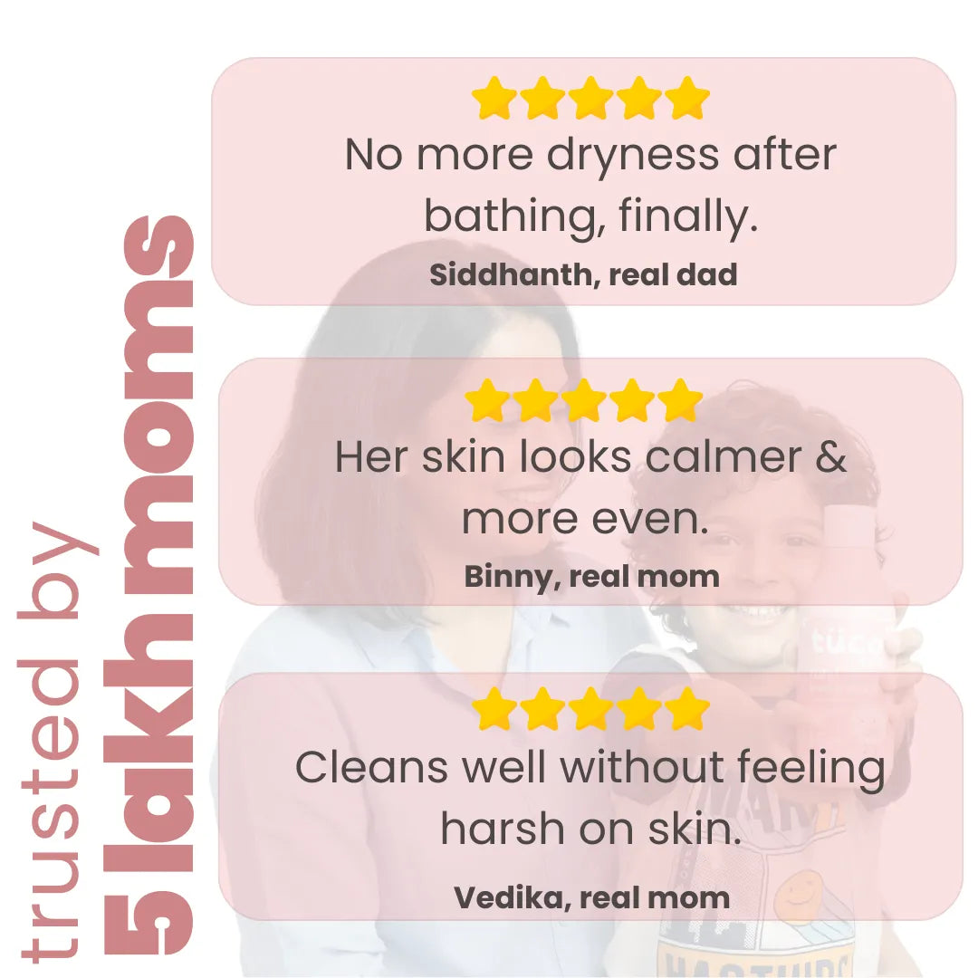 5-star parent reviews for Tuco Kids Grime Master shower gel – no dryness after bathing, skin calmer and more even, trusted by 5 lakh moms