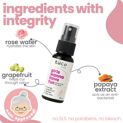 Natural ingredients in Tuco Kids girls body mist - rose water, grapefruit, papaya extract, no SLS, no bleach