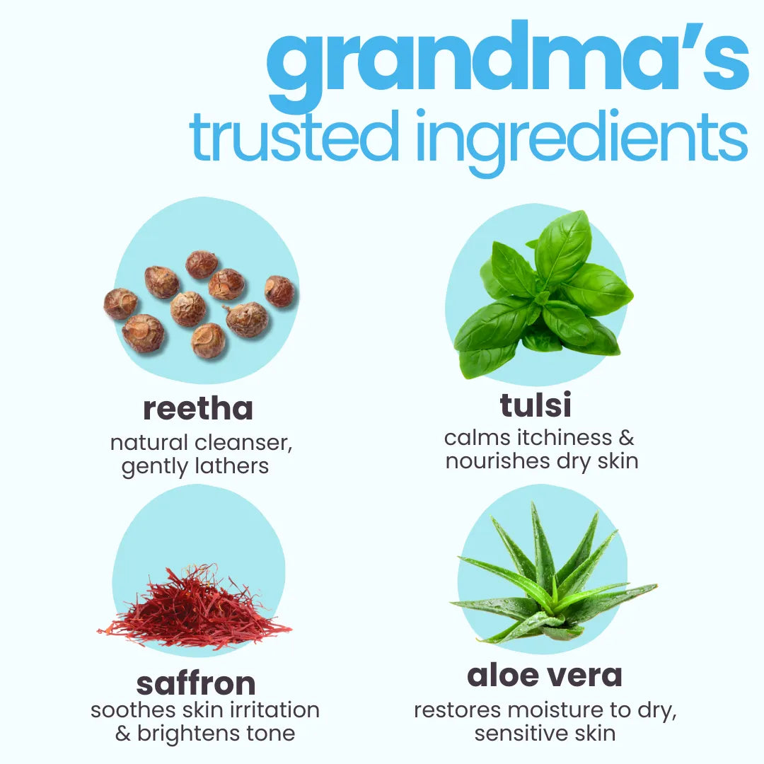 grandma's trusted ingredients' with Reetha, Tulsi, Saffron, and Aloevera.