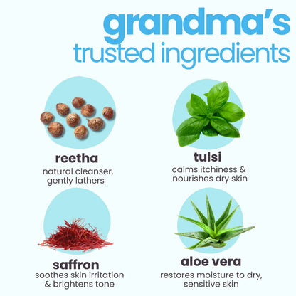 grandma's trusted ingredients' with Reetha, Tulsi, Saffron, and Aloevera.