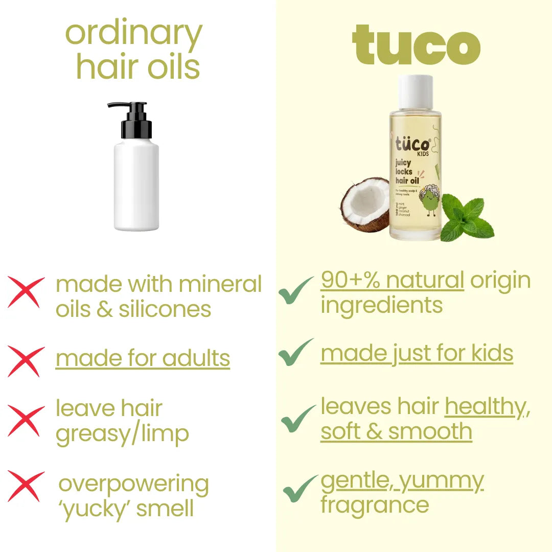 Tuco Kids Juicy Locks hair oil vs ordinary hair oils – 90% natural origin ingredients, made just for kids, leaves hair healthy, soft and smooth