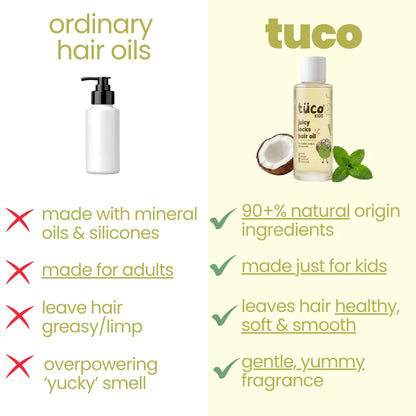 Tuco Kids Juicy Locks hair oil vs ordinary hair oils – 90% natural origin ingredients, made just for kids, leaves hair healthy, soft and smooth