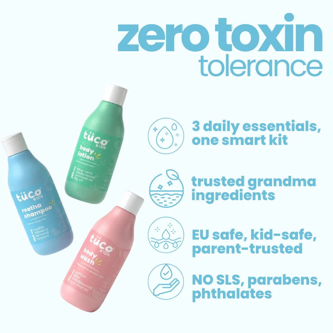 Tuco kids shampoo, shower gel and lotion with text highlighting 'zero toxin tolerance' and product features on a white background.