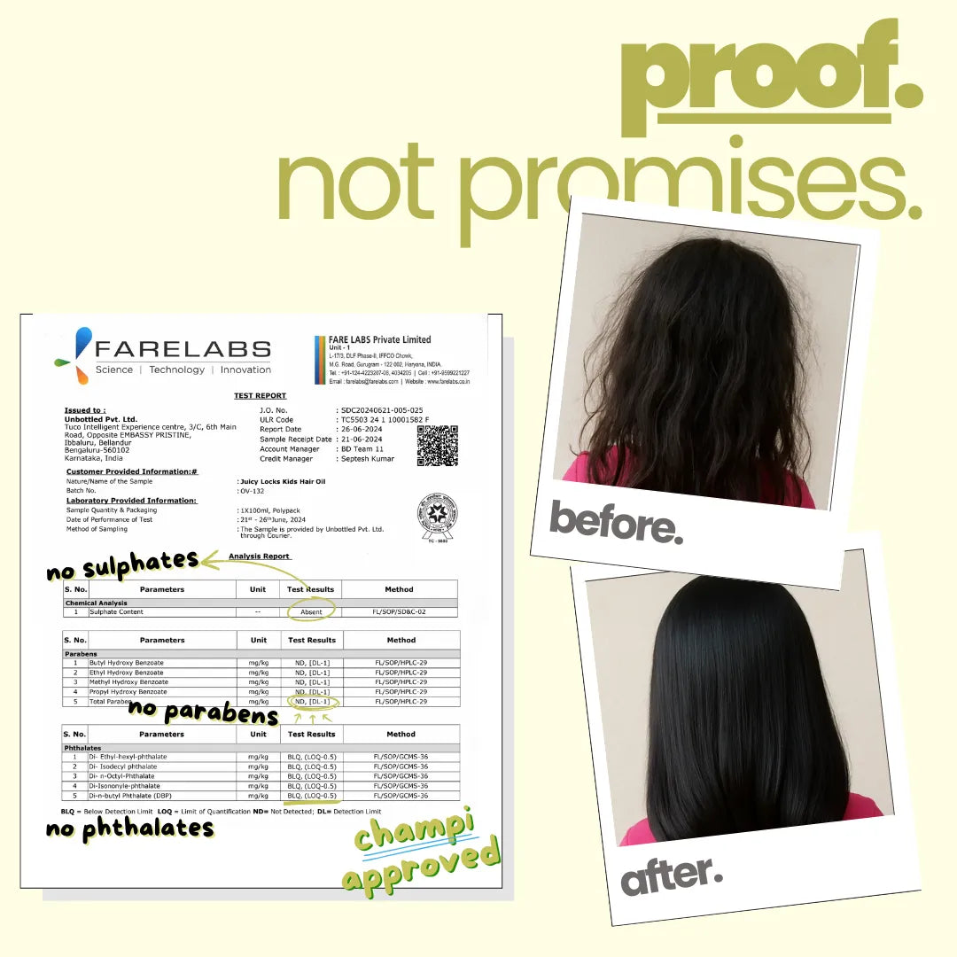 Before and after Tuco Kids Juicy Locks hair oil – Fare Labs certified no sulphates, parabens or phthalates, champi approved