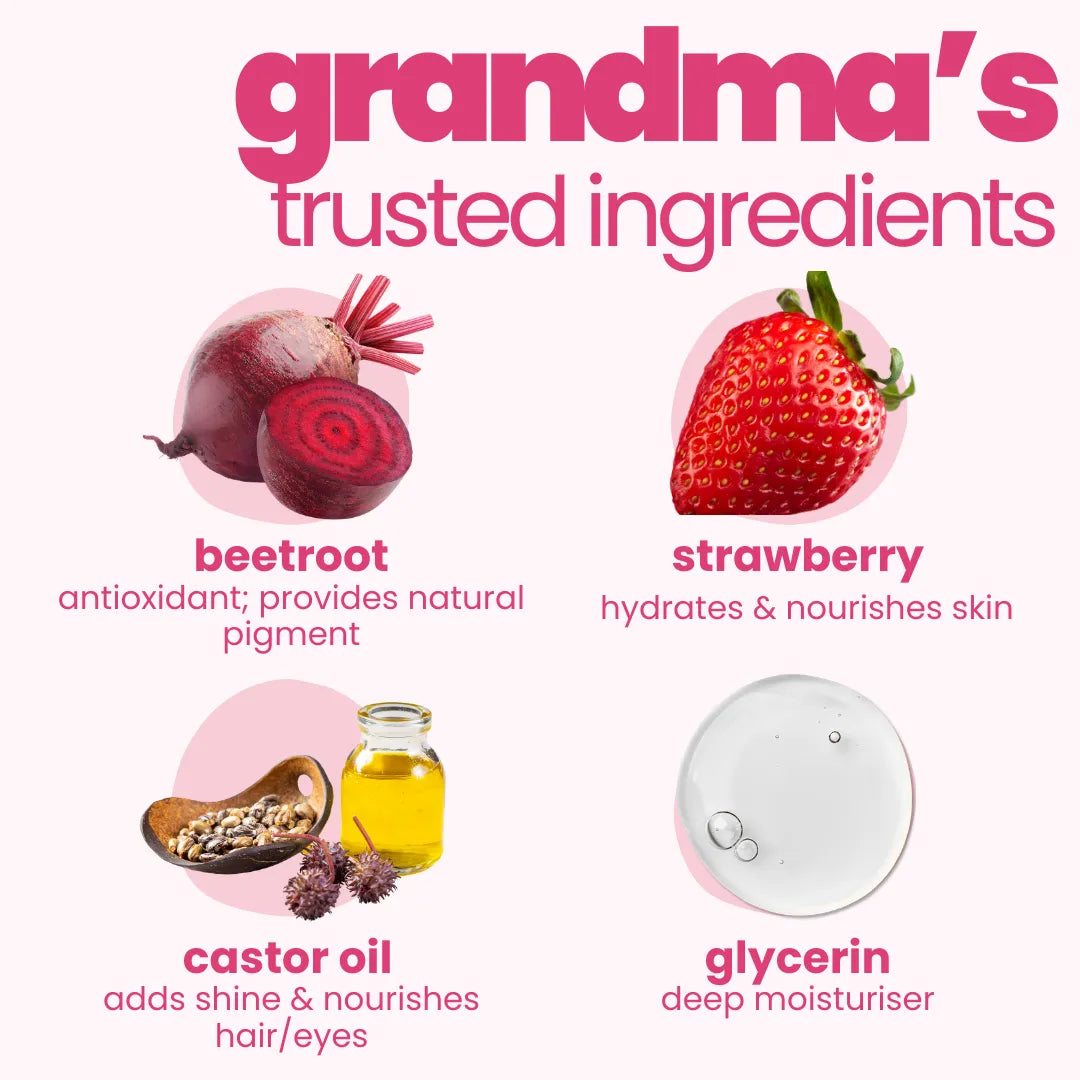 Natural ingredients in Tuco Kids Mega Makeup Kit – beetroot for pigment, strawberry for hydration, castor oil and glycerin