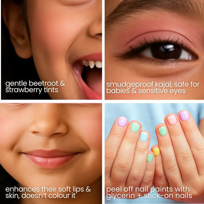 Tuco Kids natural makeup products – gentle beetroot and strawberry tints, smudgeproof kajal, peel-off nail paints and press-on nails for kids