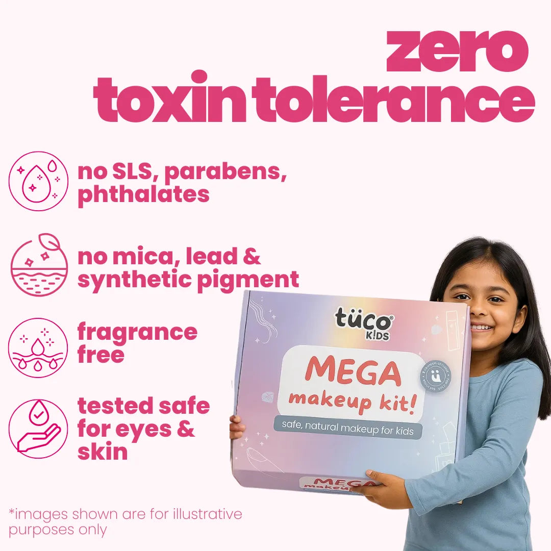 Tuco Kids Mega Makeup Kit zero toxin tolerance – no SLS, parabens, mica, lead or synthetic pigment, fragrance-free and tested safe for eyes