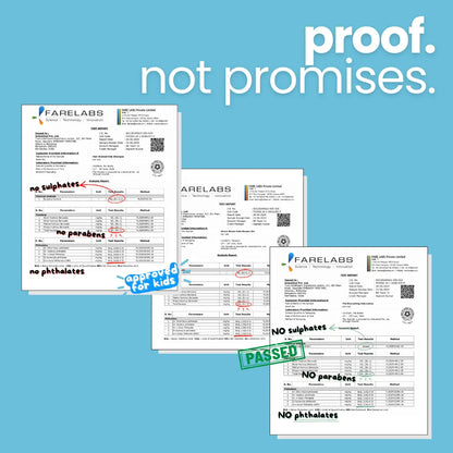 Product Certifcation proof showing no sulphates, no parabens and no phthalates