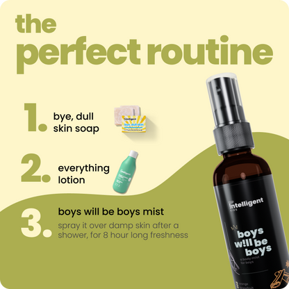 The Boys Will Be Boys Body Mist is a 4-in-1 solution for tween body odor, hydration, and gentle perfume. Made with natural Papaya Extract, Grape Extract, and Vetiver, it provides refreshing, long-lasting odor control for up to 8 hours. Free from hormone disruptors and harsh chemicals, it’s a safe and effective choice to keep your son fresh, confident, and carefree