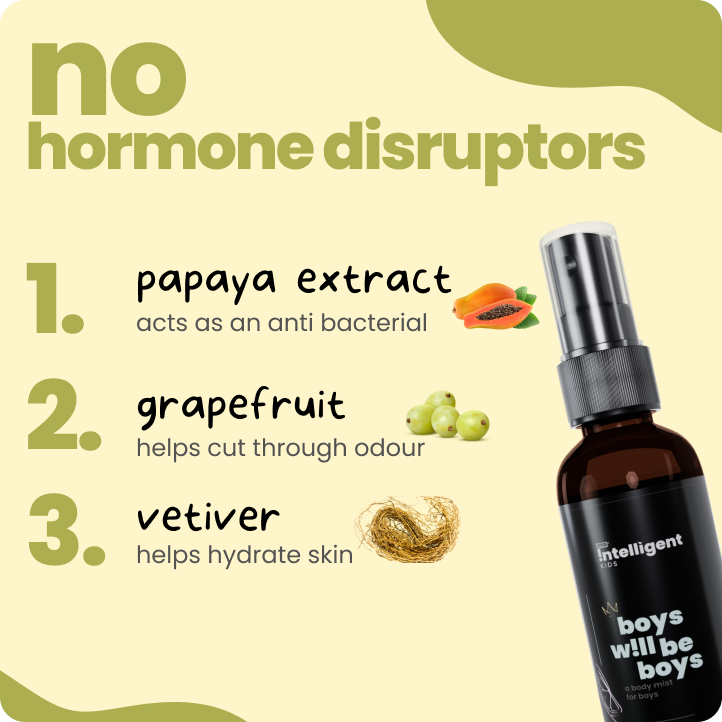 The Boys Will Be Boys Body Mist is a 4-in-1 solution for tween body odor, hydration, and gentle perfume. Made with natural Papaya Extract, Grape Extract, and Vetiver, it provides refreshing, long-lasting odor control for up to 8 hours. Free from hormone disruptors and harsh chemicals, it’s a safe and effective choice to keep your son fresh, confident, and carefree