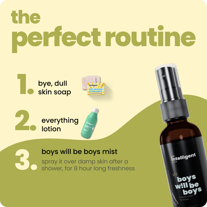 The Boys Will Be Boys Body Mist is a 4-in-1 solution for tween body odor, hydration, and gentle perfume. Made with natural Papaya Extract, Grape Extract, and Vetiver, it provides refreshing, long-lasting odor control for up to 8 hours. Free from hormone disruptors and harsh chemicals, it’s a safe and effective choice to keep your son fresh, confident, and carefree