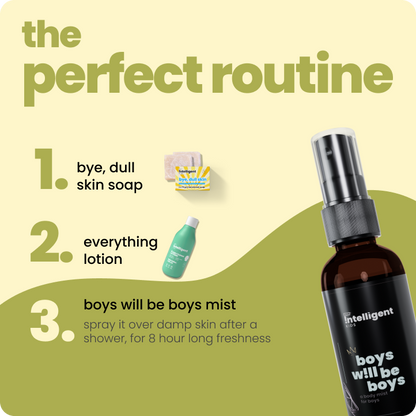 The Boys Will Be Boys Body Mist is a 4-in-1 solution for tween body odor, hydration, and gentle perfume. Made with natural Papaya Extract, Grape Extract, and Vetiver, it provides refreshing, long-lasting odor control for up to 8 hours. Free from hormone disruptors and harsh chemicals, it’s a safe and effective choice to keep your son fresh, confident, and carefree