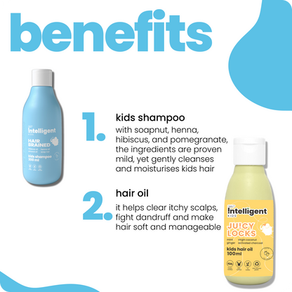 Meet the Tuco Intelligent Champi Duo, perfect for kids aged 3-15. This duo includes Hair Brained Shampoo to cleanse and soothe the scalp, and Juicy Locks Hair Oil to nourish and strengthen hair. Crafted with natural ingredients, it keeps hair soft, manageable, and healthy—free from harsh chemicals!







