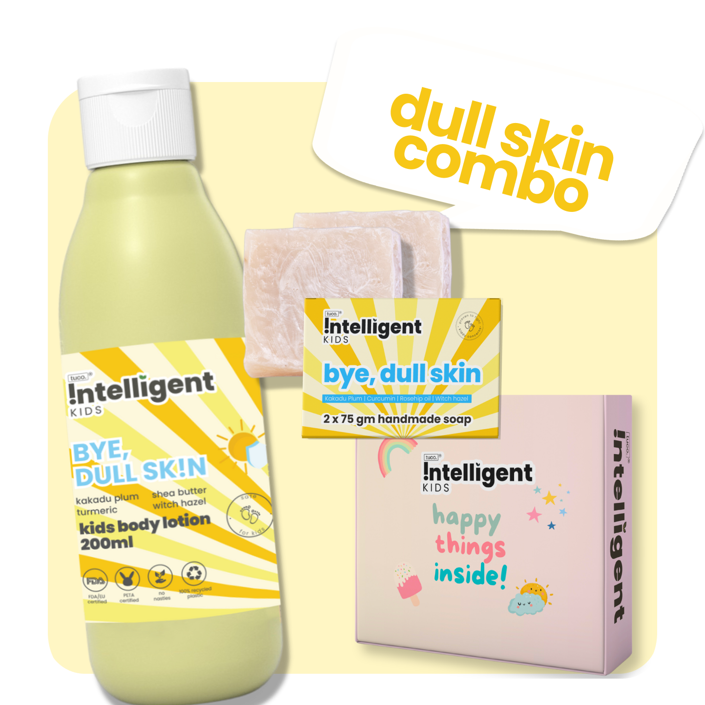 The Tuco Dull Skin Care Gift Pack is a 2-in-1 soap and lotion set crafted for kids aged 3+. Enriched with Turmeric and Shea Butter, it nourishes and revives dull skin, leaving it soft and glowing. Safe, gentle, and free from harsh chemicals, this cruelty-free duo is perfect for your little one’s sensitive skin!







