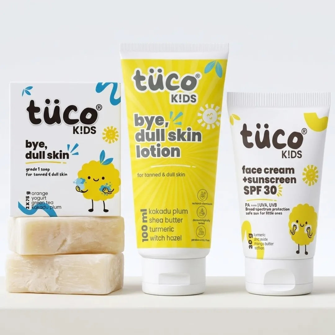 Tuco Kids 3-in-1 Dull Skin Kit – Bye Dull Skin soap, body lotion and SPF 30 face cream for kids