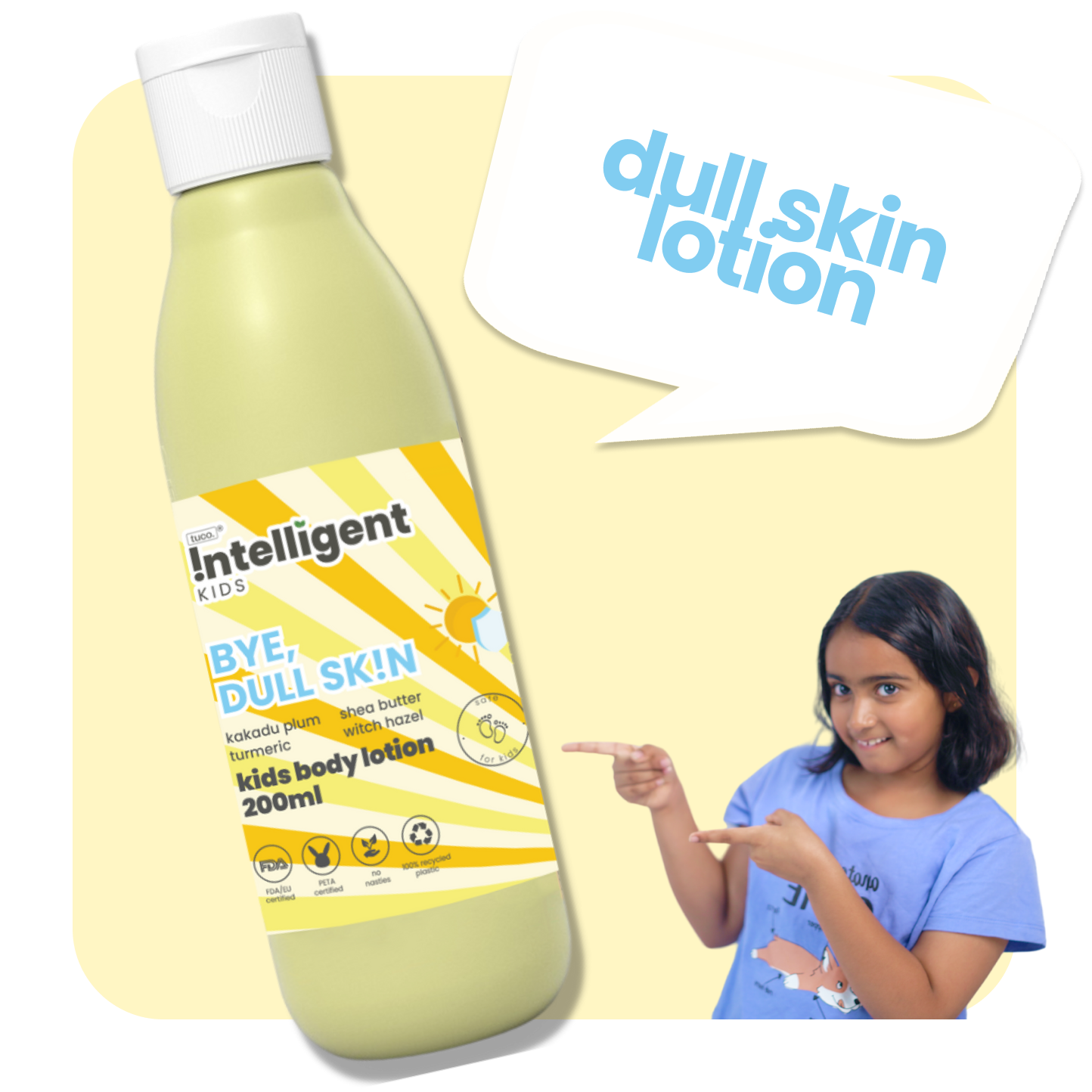 TuCo Intelligent Kids Lotion is a natural skincare solution for kids aged 3 and up. Crafted with Kakadu Plum for brightening, Shea Butter for deep hydration, and Turmeric to even out skin tone, this lotion reduces dark spots and leaves skin soft, smooth, and healthy. Free from harmful chemicals, cruelty-free, and packaged in eco-friendly, 100% recycled plastic, it's the perfect choice for gentle and effective skincare.