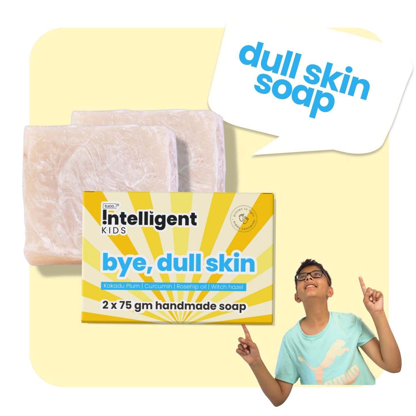 Bye Dull Skin Handmade Soap is a natural solution for dull, tanned skin in kids aged 3 and up. Enriched with Kakadu Plum for brightening, Curcumin for an even tone, Rosehip Oil for hydration, and Witch Hazel to soothe, it reduces dark spots and nourishes delicate skin. Perfect for daily use, it is safe, chemical-free, and eco-friendly.
