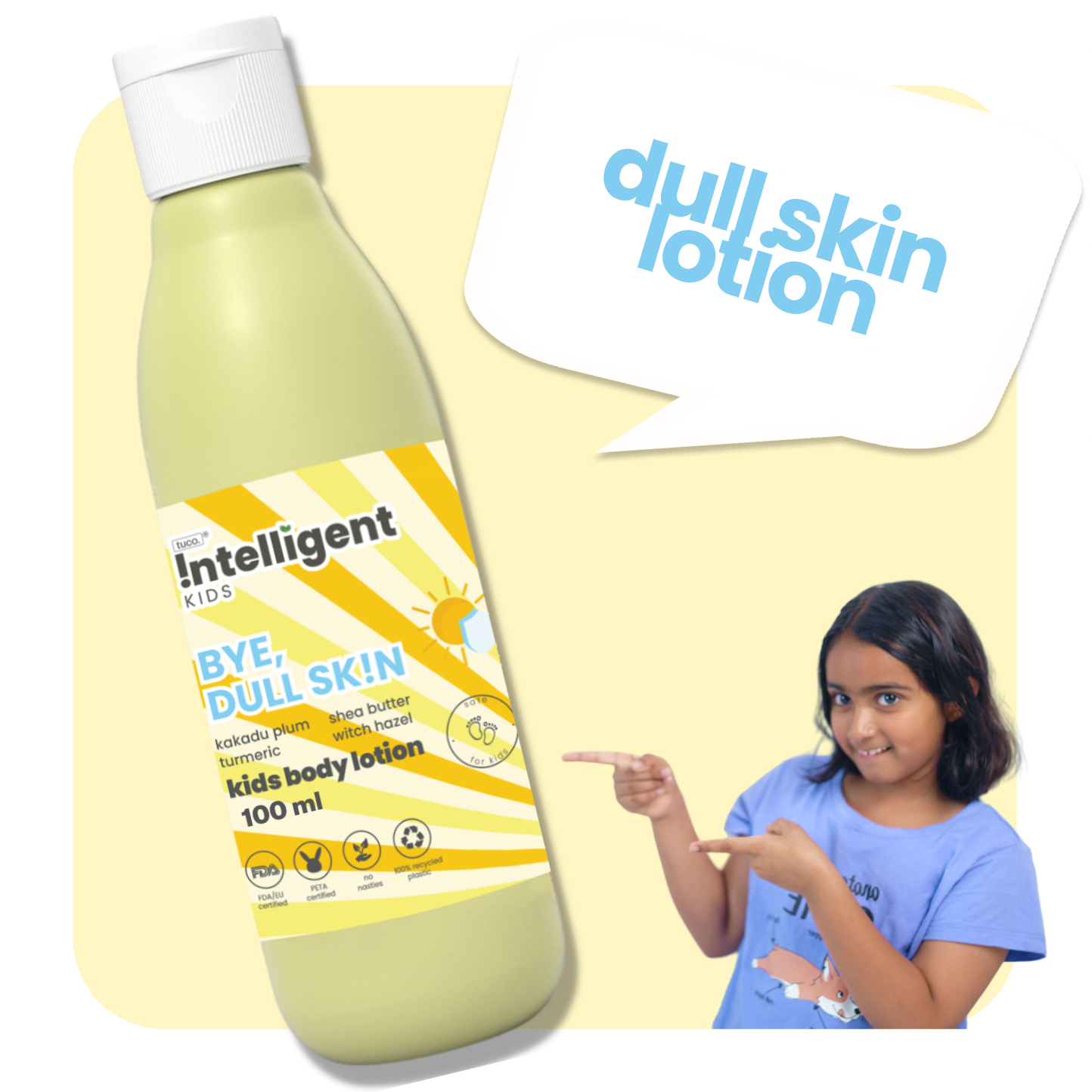 TuCo Intelligent Kids Lotion is a natural skincare solution for kids aged 3 and up. Crafted with Kakadu Plum for brightening, Shea Butter for deep hydration, and Turmeric to even out skin tone, this lotion reduces dark spots and leaves skin soft, smooth, and healthy. Free from harmful chemicals, cruelty-free, and packaged in eco-friendly, 100% recycled plastic, it's the perfect choice for gentle and effective skincare.