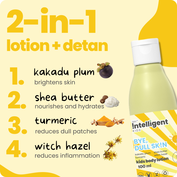 TuCo Intelligent Kids Lotion is a natural skincare solution for kids aged 3 and up. Crafted with Kakadu Plum for brightening, Shea Butter for deep hydration, and Turmeric to even out skin tone, this lotion reduces dark spots and leaves skin soft, smooth, and healthy. Free from harmful chemicals, cruelty-free, and packaged in eco-friendly, 100% recycled plastic, it's the perfect choice for gentle and effective skincare.